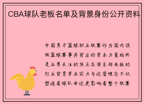CBA球队老板名单及背景身份公开资料