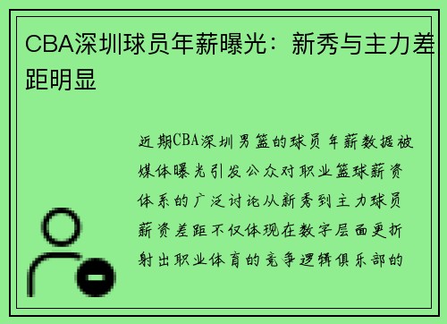 CBA深圳球员年薪曝光：新秀与主力差距明显